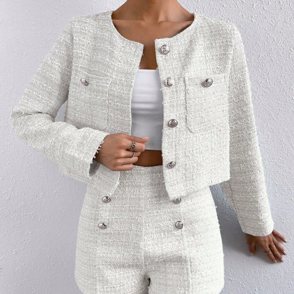 White Casual Womens Plaid Print Button Front Jacket & Shorts